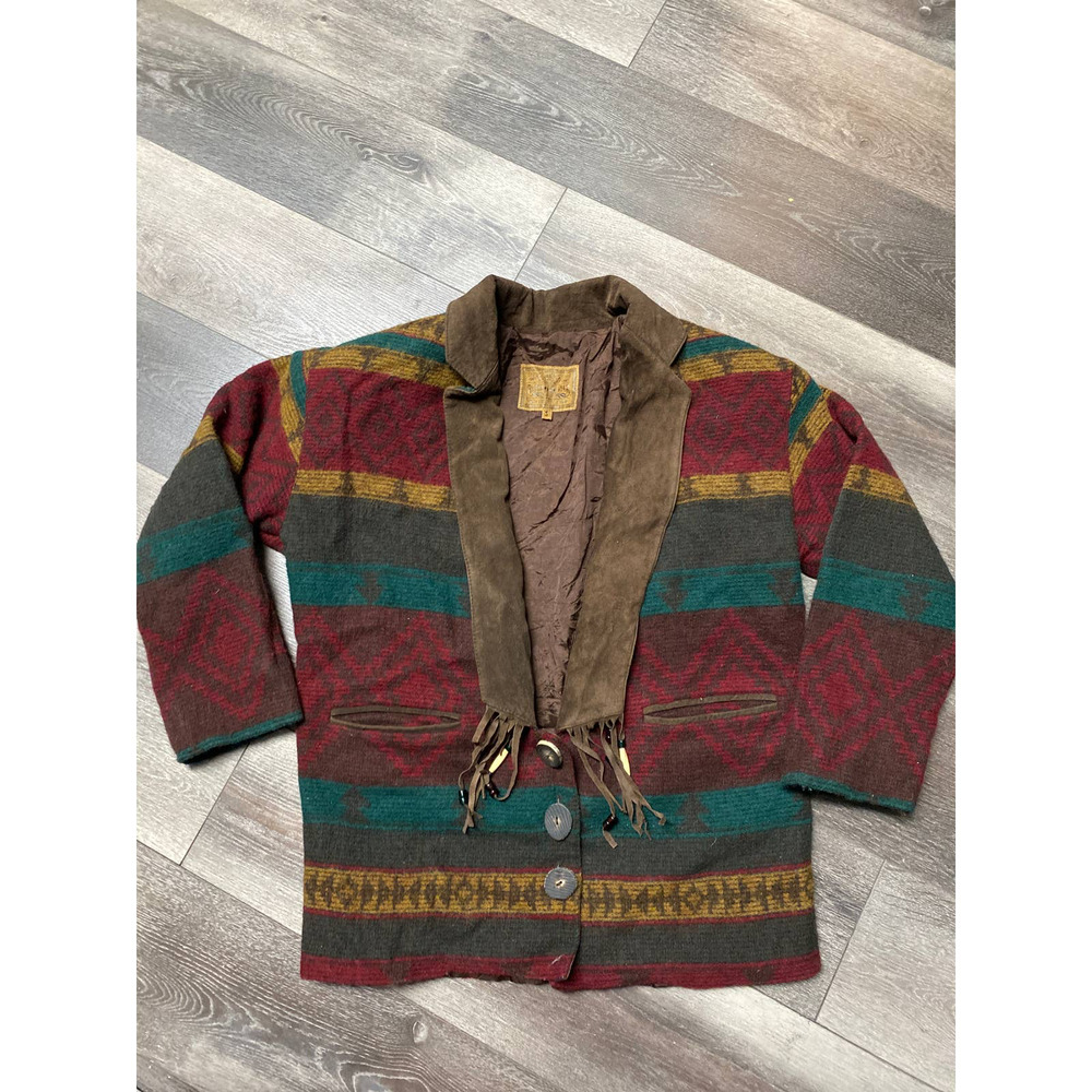 VTG Double D Ranch Wear Southwestern Wool Blanket Coat Aztec Fringe Sz S